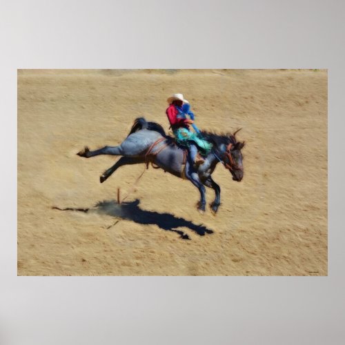 Bucking Blue Bareback Bronc and Rodeo Cowboy Art Poster