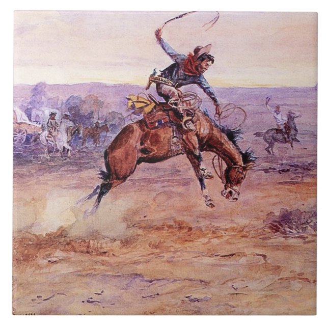 “Bucking Bronco” Cowboy Art by Charles Russell Ceramic Tile (Front)
