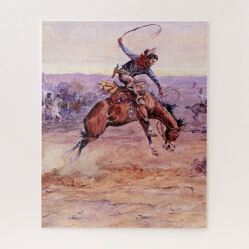 Bucking Bronco Cowboy Art by Charles Russell Jigsaw Puzzle