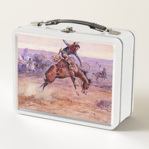 Bucking Bronco Cowboy Art by Charles Russell Metal Lunch Box