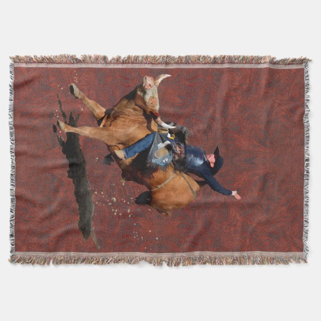 Bucking Bull and Rodeo Cowboy Throw Blanket (Front)