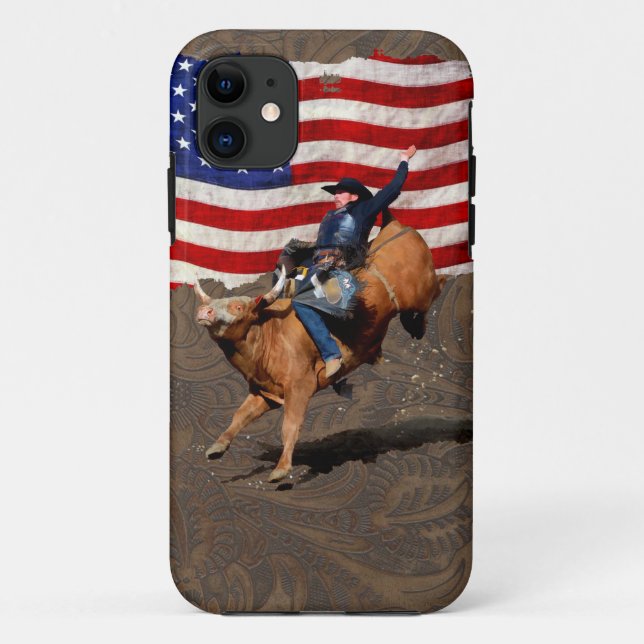 Bucking Bull Rodeo Cowboy, US Flag on Faux Leather Case-Mate iPhone Case (Back)