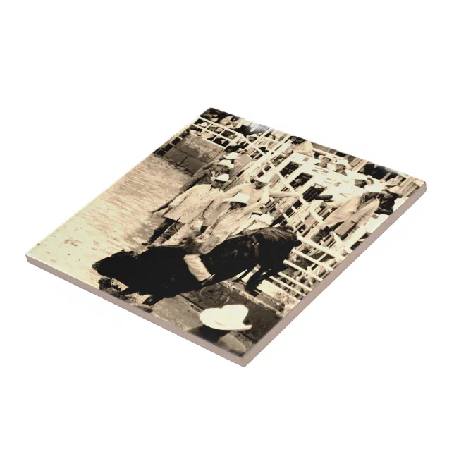 Bucking Bull Rodeo Rider Picture Tile | Zazzle