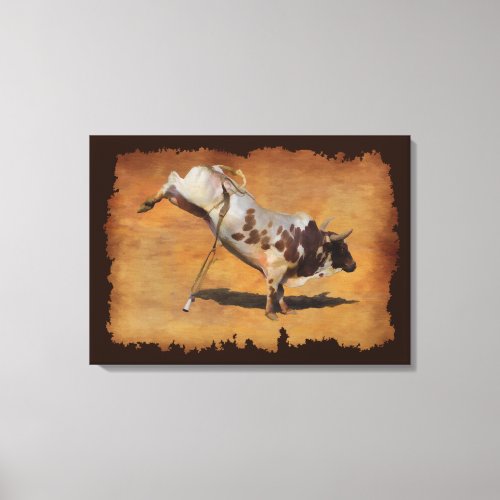 Bucking Rodeo Bull on faux Parchment Canvas Print