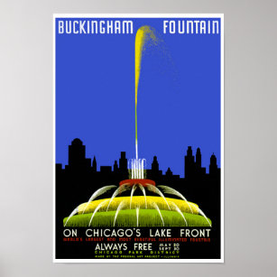 Buckingham Fountain Chicago Vintage WPA Poster