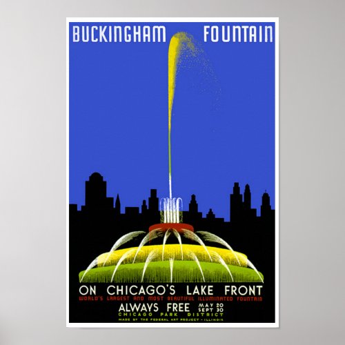 Buckingham Fountain Chicago Vintage WPA Poster