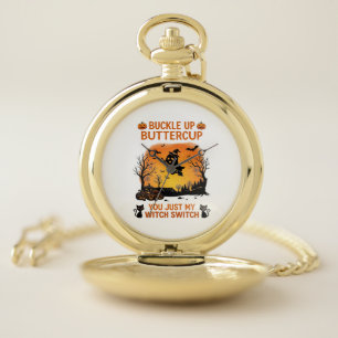 Buckle Up Buttercup Halloween Ghost Witch Hat Broo Pocket Watch