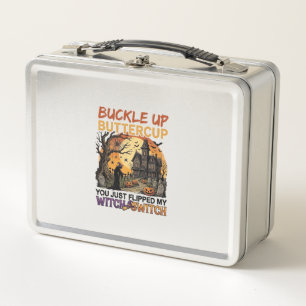 Buckle Up Buttercup Witch Switch Halloween Haunted Metal Lunch Box