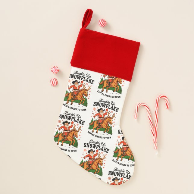 Buckle Up Snowflake Rodeo Cowboy Santa Christmas Christmas Stocking (Front)