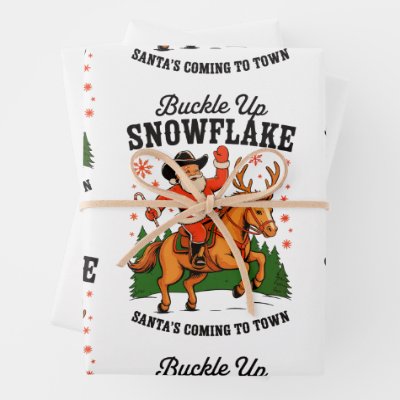 Buckle Up Snowflake Rodeo Cowboy Santa Christmas Wrapping Paper Sheets