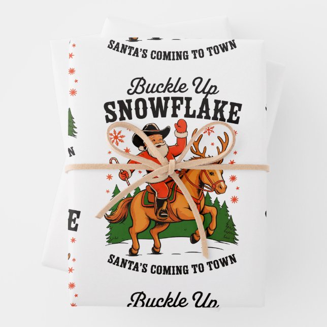 Buckle Up Snowflake Rodeo Cowboy Santa Christmas Wrapping Paper Sheets (In situ)