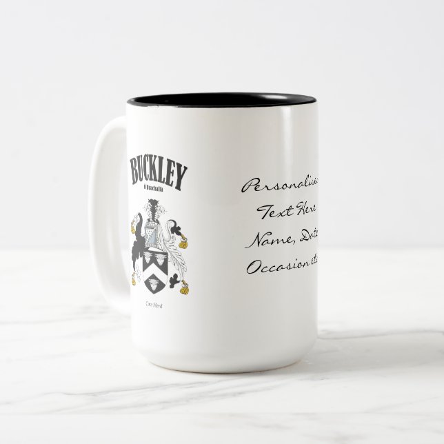 Buckley Family Crest, Translation & Meaning Two-Tone Coffee Mug (Front Left)