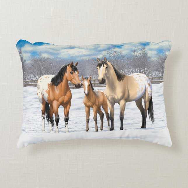 Buckskin Appaloosa Horses In Snow Accent Pillow (Front)