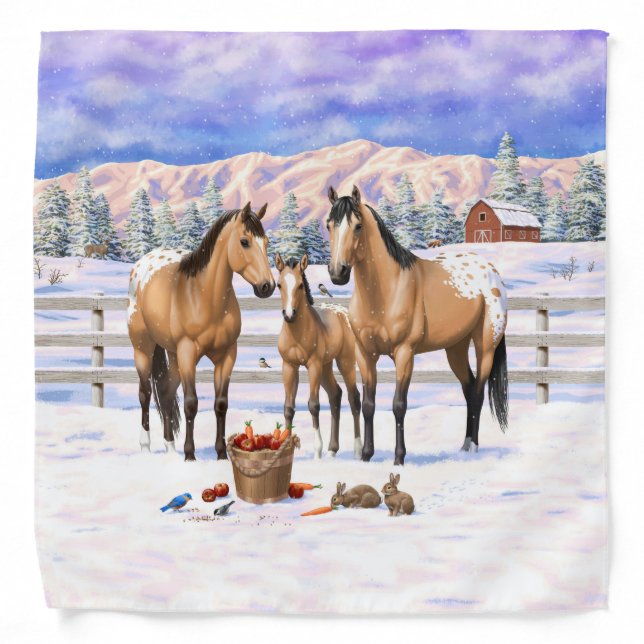 Buckskin Appaloosa Horses In Snow Bandana (Front)