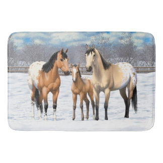 Buckskin Appaloosa Horses In Snow Bathroom Mat
