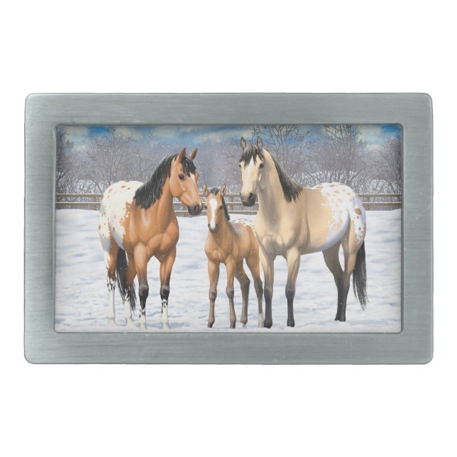 Buckskin Appaloosa Horses In Snow Belt Buckle (Front)