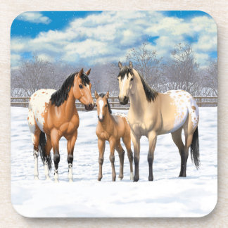 Buckskin Appaloosa Horses In Snow Beverage Coaster