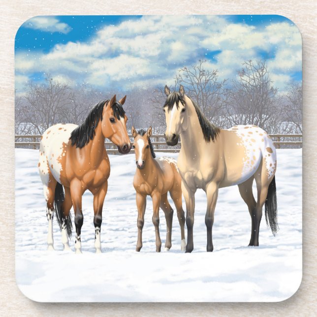 Buckskin Appaloosa Horses In Snow Beverage Coaster (Front)
