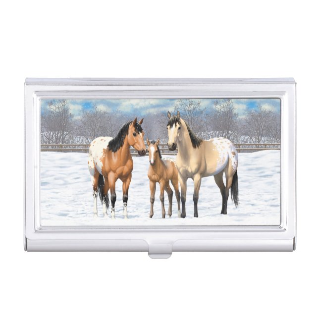 Buckskin Appaloosa Horses In Snow Business Card Case (Front)