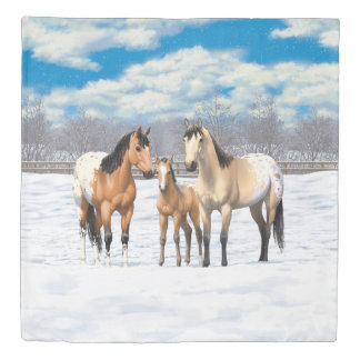 Buckskin Appaloosa Horses In Snow Duvet Cover