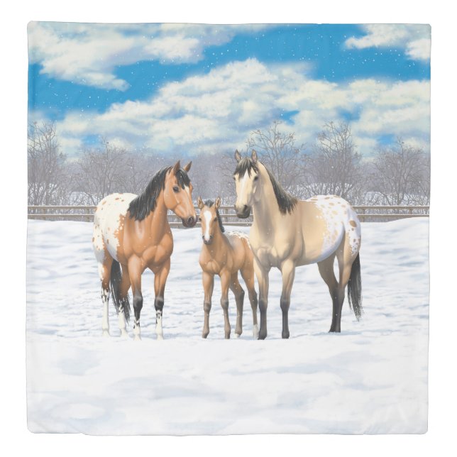 Buckskin Appaloosa Horses In Snow Duvet Cover (Front)