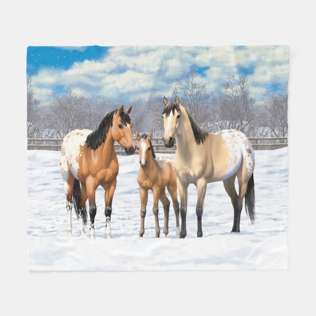 Buckskin Appaloosa Horses In Snow Fleece Blanket (Front (Horizontal))