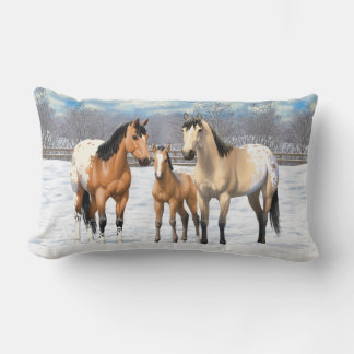 Buckskin Appaloosa Horses In Snow Lumbar Pillow