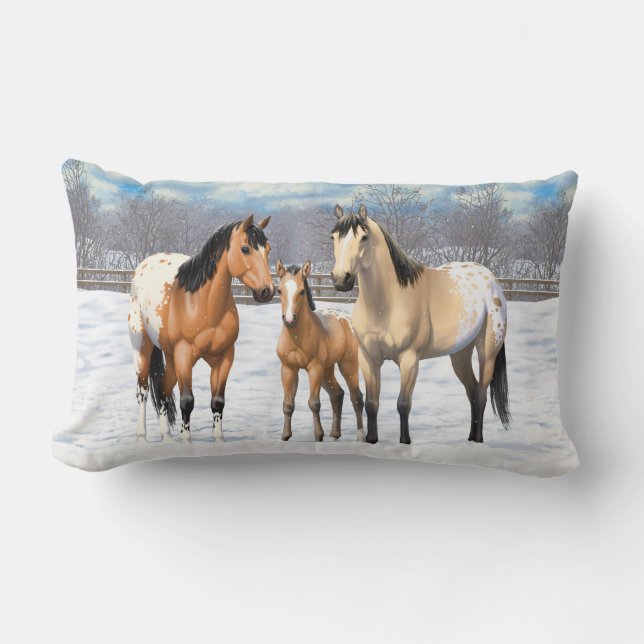 Buckskin Appaloosa Horses In Snow Lumbar Pillow (Front)