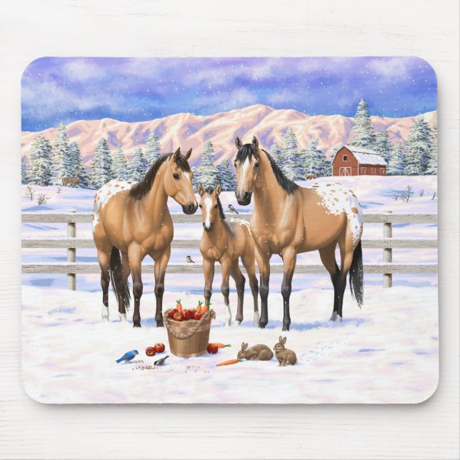 Buckskin Appaloosa Horses In Snow Mouse Pad (Front)