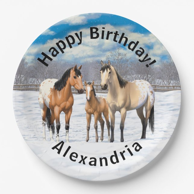 Buckskin Appaloosa Horses In Snow Paper Plates (Front)