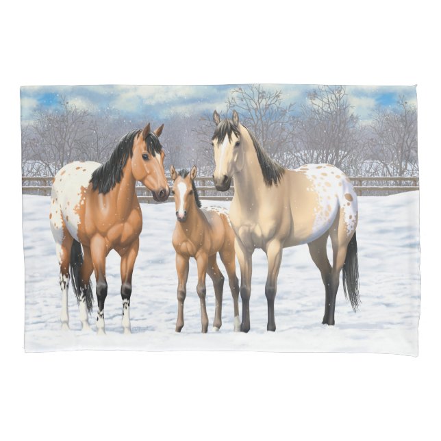 Buckskin Appaloosa Horses In Snow Pillow Case (Front-Left)