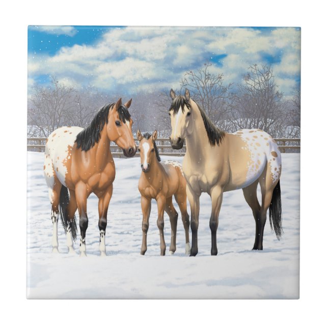Buckskin Appaloosa Horses In Snow Tile (Front)
