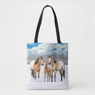 Buckskin Appaloosa Horses In Snow Tote Bag