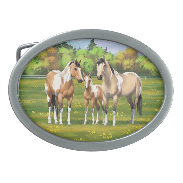 Buckskin Dun Pinto Paint Horses In Summer Pasture Belt Buckle (Front)