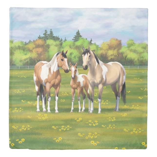 Buckskin Dun Pinto Paint Horses In Summer Pasture Duvet Cover (Front)