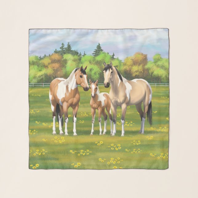 Buckskin Dun Pinto Paint Horses In Summer Pasture Scarf (Front)