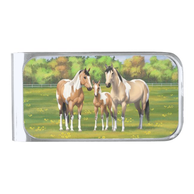 Buckskin Dun Pinto Paint Horses In Summer Pasture Silver Finish Money Clip (Front)