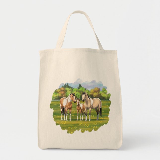 Buckskin Dun Pinto Paint Horses In Summer Pasture Tote Bag (Front)