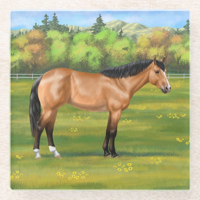 Buckskin Dun Quarter Horse Glass Coaster (Front)