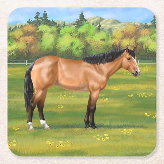 Buckskin Dun Quarter Horse Square Paper Coaster (Front)