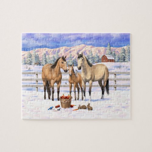 Buckskin Dun Quarter Horses On A Farm In Snow Jigsaw Puzzle