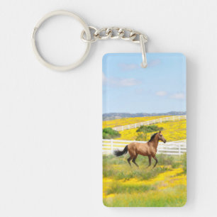 Buckskin Horse Galloping in a Field of Flowers Keychain