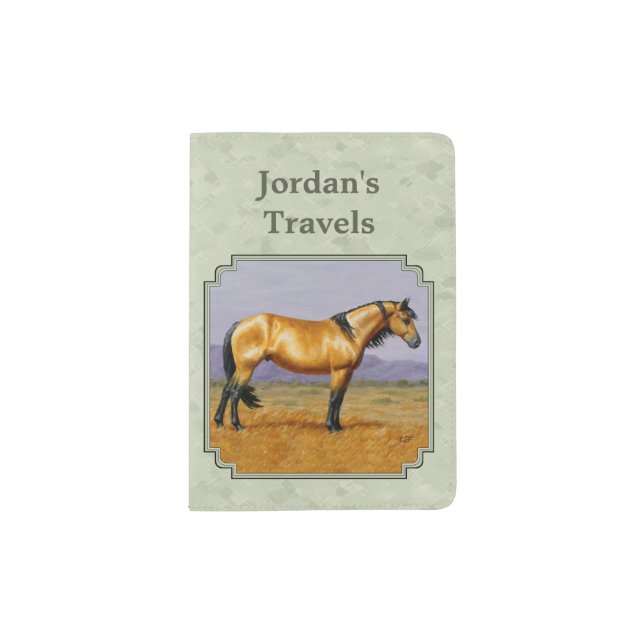 Buckskin Horse Mustang Stallion Sage Green Passport Holder (Front)