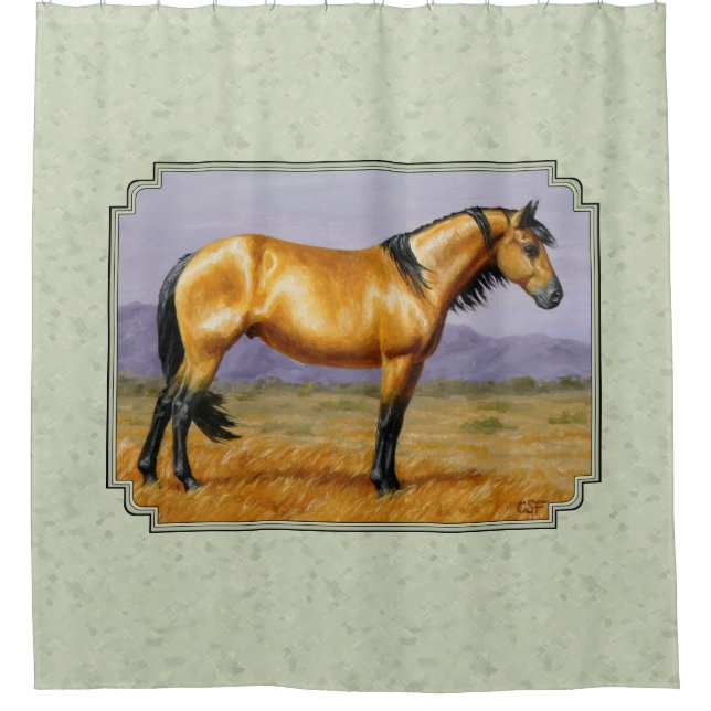 Buckskin Horse Mustang Stallion Sage Green Shower Curtain (Front)
