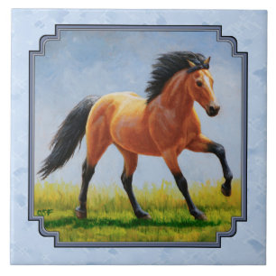 Buckskin Horse Running Light Blue Ceramic Tile