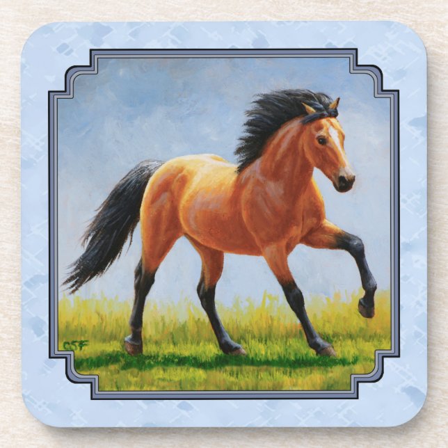 Buckskin Horse Running Light Blue Coaster (Front)