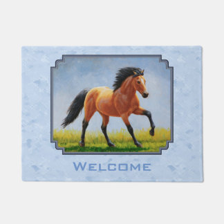 Buckskin Horse Running Light Blue Doormat