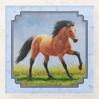 Buckskin Horse Running Light Blue Glass Coaster