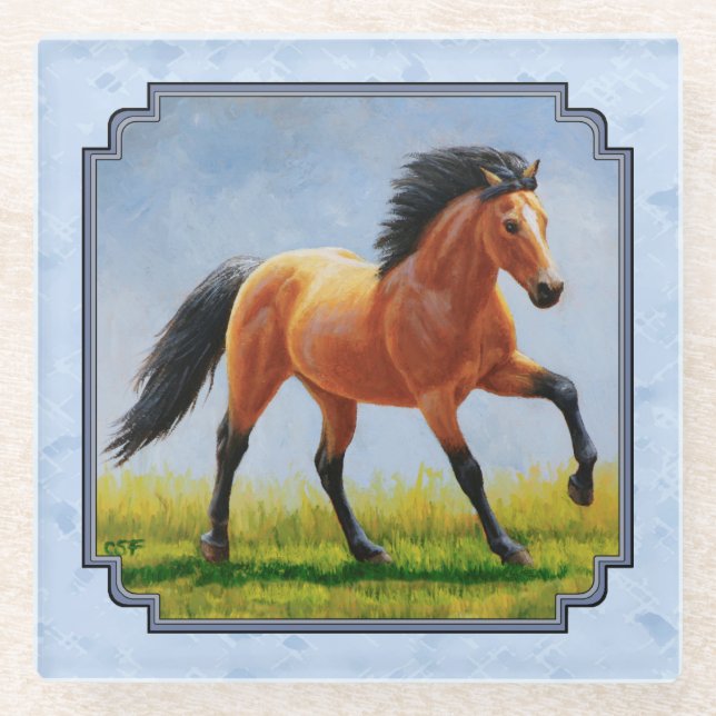 Buckskin Horse Running Light Blue Glass Coaster (Front)