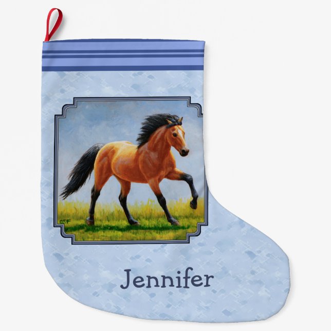 Buckskin Horse Running Light Blue Large Christmas Stocking (Front)